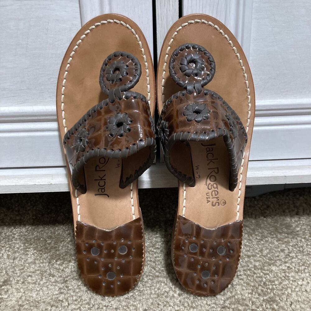 Jack Rogers Newport Croc Navajo Brown Patent Leather Sandals Shoes Size 6